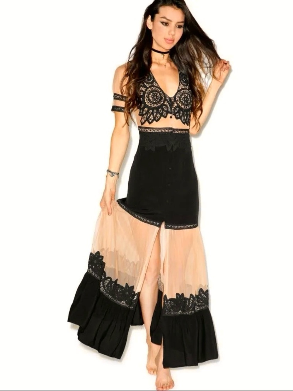 For Love & Lemons Black and Nude Carmine Lace Tulle Tiered Maxi Dress